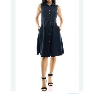 Sharagano Women's Sleeveless Button Front Shirt Dress with Sweep Sz 12 Navy NWT